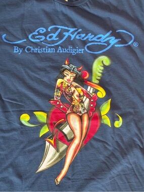 Vintage Ed Hardy Graphic Tee with Pinup Dagger